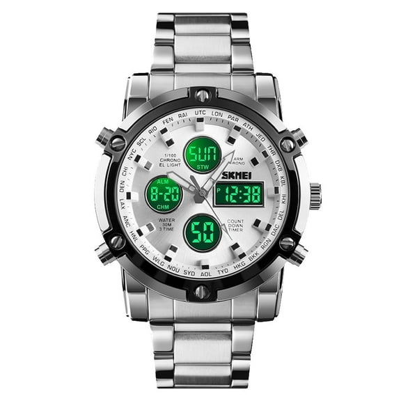 SKMEI Mens Wrist Watch, Waterproof Military Analog Digital Watches with LED Multi Time Chronograph, Stainless Steel Business Quartz Watches for Men