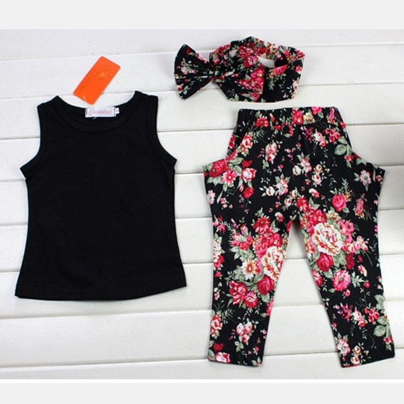 Kids Baby Girls Tank Tops Vest Floral Trousers Headband Outfits Set Summer 3pcs