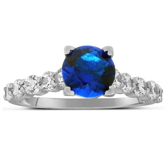 Luxurious 1.50 Carat 6mm Round Blue Sapphire Moissanite Diamond Engagement Ring in 10k White Gold