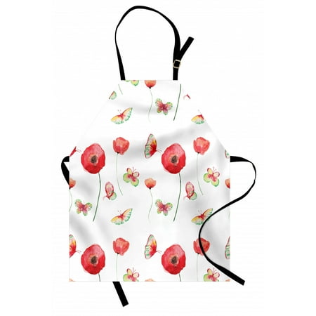 

Flower Apron Vintage Pattern with Poppy and Butterfly Romance Themed Illustration Art Print Unisex Kitchen Bib with Adjustable Neck for Cooking Gardening Adult Size Coconut and Red by Ambesonne