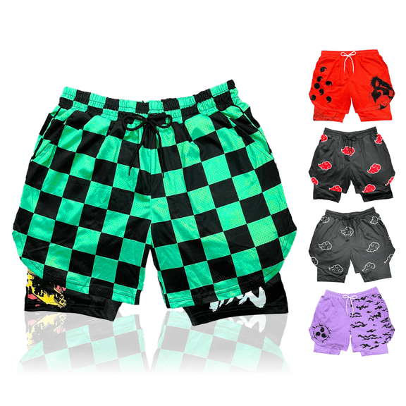 Anime Shorts - Breathable Mesh Basketball Workout Sweat Stretch Compression Lined Workout Gym Short with Soft Pockets and Towel Holder (L-GreenT)