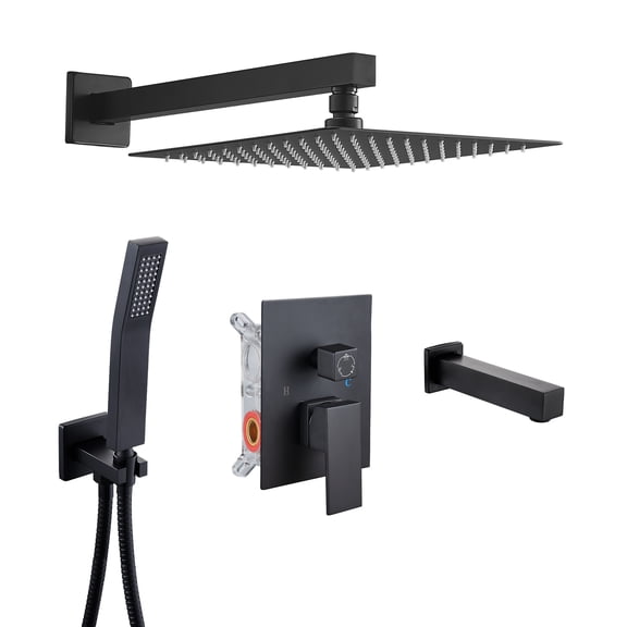 Cobbe Wall Mounted  Shower System 10-inch Overhead Rainfall, Handheld Spray,Tub Spout and Rough in-Valve Stainless Steel Matte Black