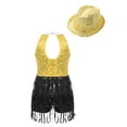 thumbnail image 2 of YONGHS Kids Girls Sequins Tassel Hem Dress Rumba Samba Salsa Cha Cha Latin Jazz Leotard with Hat Set Gold 12, 2 of 5