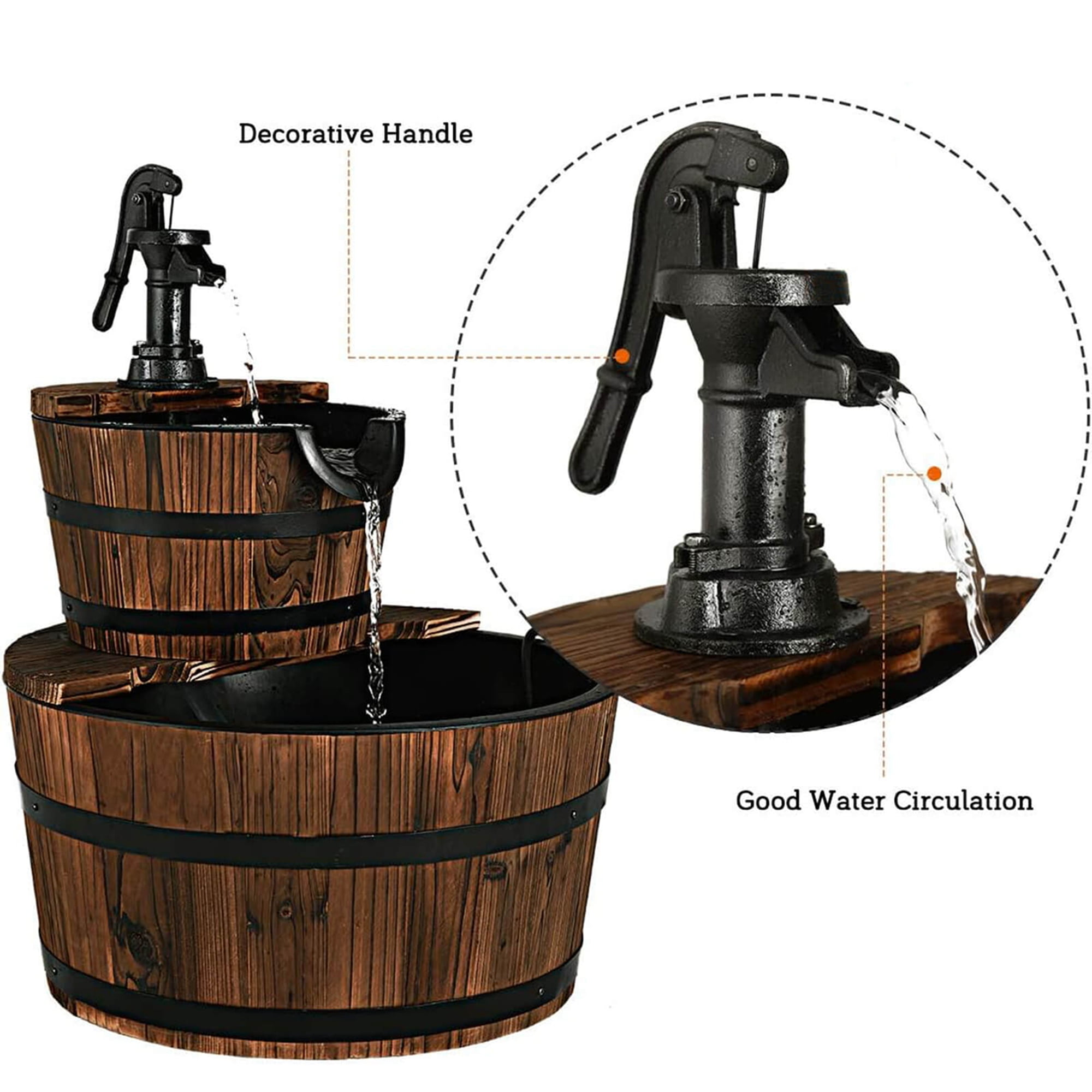 Costway 2 Tier Barrel Waterfall Fountain Barrel Wooden Water Fountain Pump Outdoor Garden