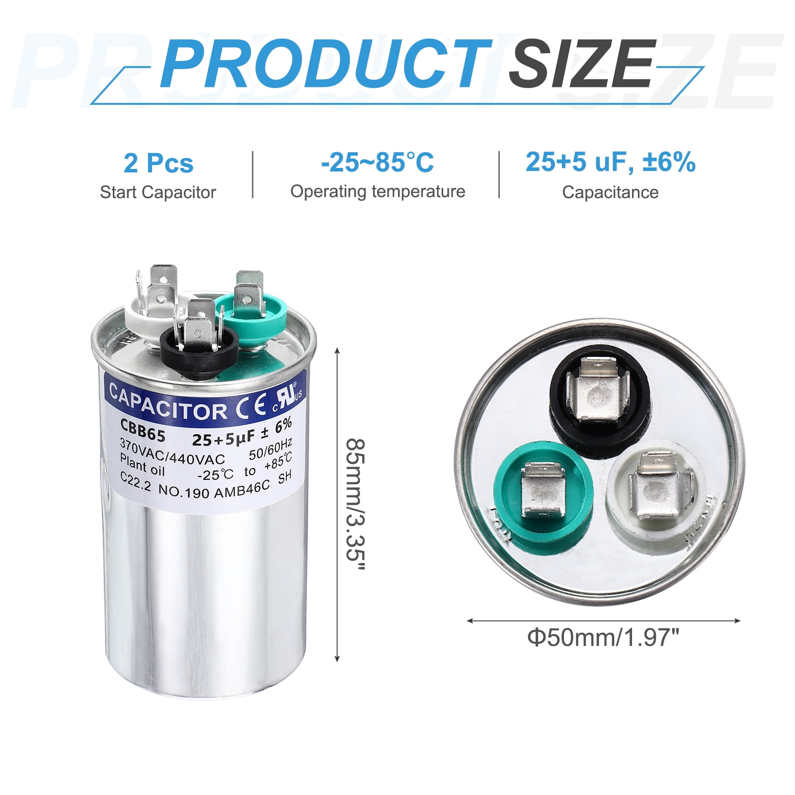 Uxcell 2Pcs 25+5 MFD CBB65 Run Start Capacitor 25+5 uF, 370/440V Round AC Capacitor for AC Motor Run, HVAC, Air Conditioner, Condenser Motors