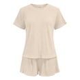 thumbnail image 6 of BRGZLK Women 2 Piece Shorts Set Summer Solid Color Loose Fit Breathable Short Sleeve Comfy Round Neck Tops and Shorts Matching Sets Beige XXL, 6 of 6