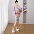 thumbnail image 3 of Vestido de mujer embarazada, moda de primavera y verano, cárdigan protector solar + falda adelgazante de rayas de colores, conjunto de dos piezas reductor de edad, 3 of 5
