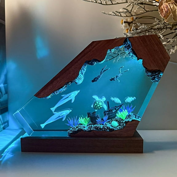 Dolphin Resin Ocean Lamp, Handmade Resin Night Light for Home Office Decor, Multi-Color LED Light with USB Port, Dolphin Gifts for Birthday Holiday, Valentine's Day Gifts for Him Kids (6"x4")