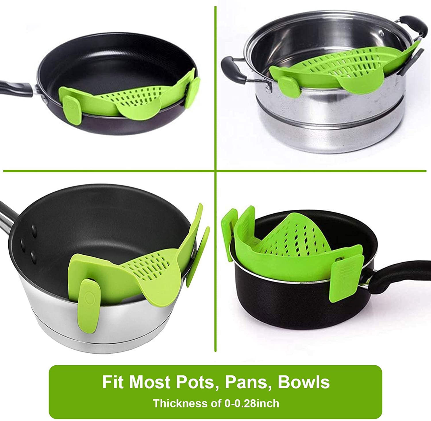 VICVEO Silicone Clip on Strainer, Patented Clip on Silicone Colander, Clip-on Kitchen Food Strainer for Pasta,Fits Almost Pots (Green)