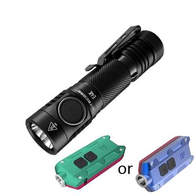 Combo: NITECORE E4K Next generation Flashlight - 4400 Lumens w/Tip Winter Keychain Light -360 Lumens w/color options