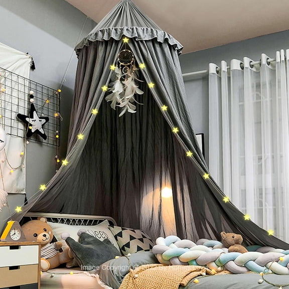 Bed Canopy for Girls, Dreamy Frills Ceiling Hanging Princess Bedroom Decoration Soft Net Reading Nook, Extra Large Full Queen Size Canopies - Grey