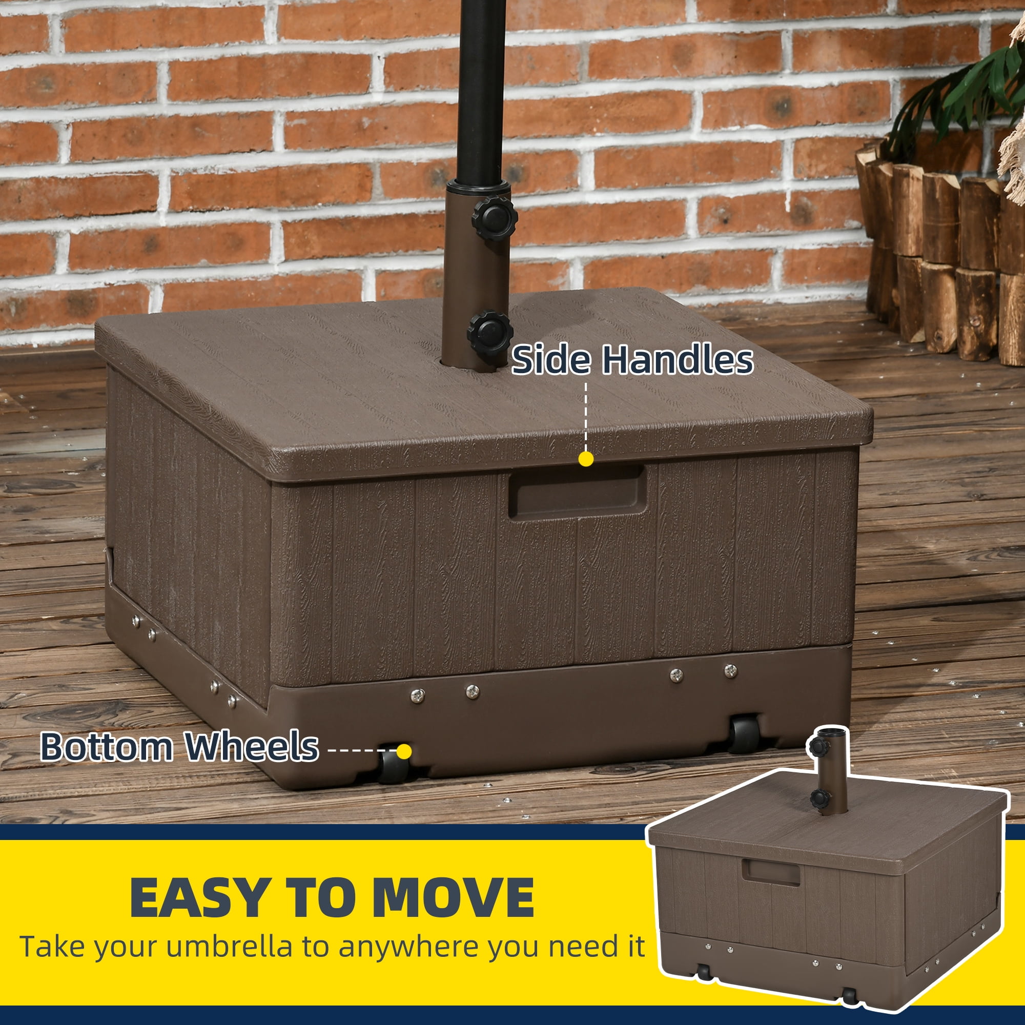 Outsunny Outdoor Umbrella Base with Wheels, End Table, Planter Box, Brown