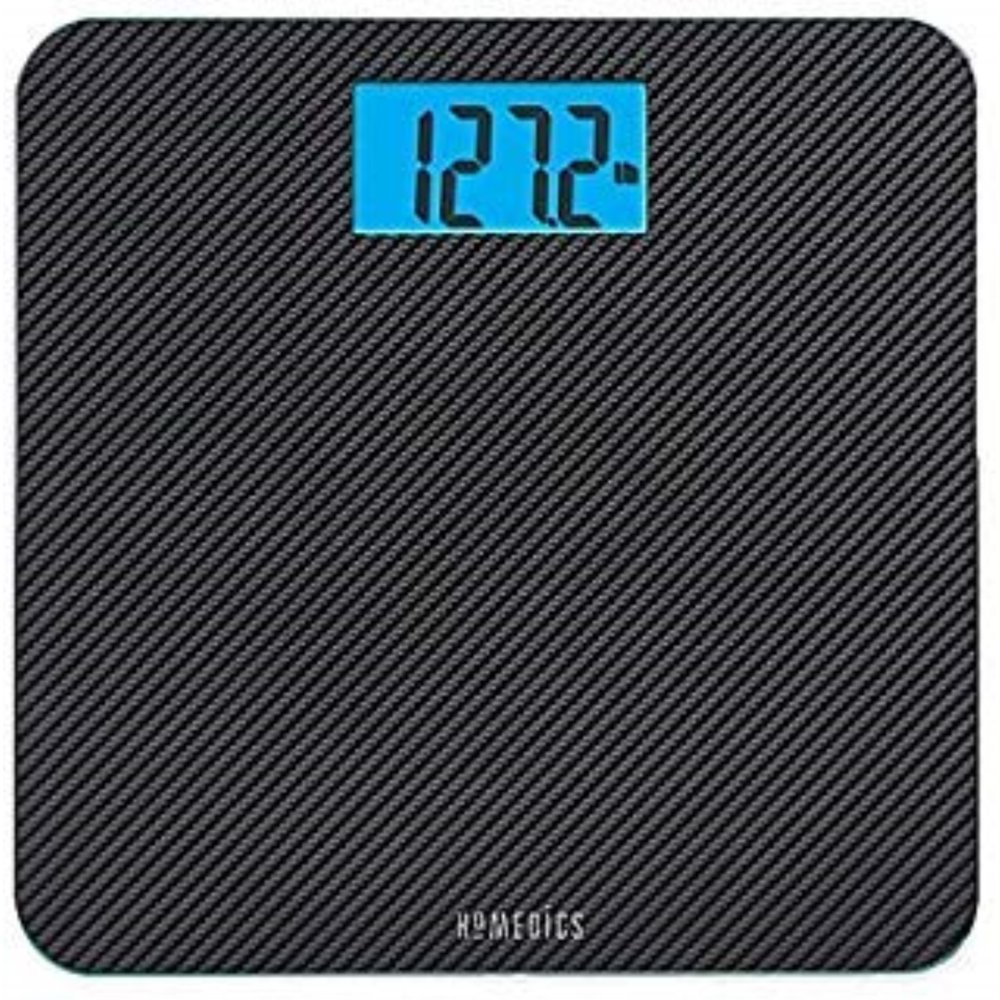 homedics carbon fiber glass bathroom scale, large platform measures 13