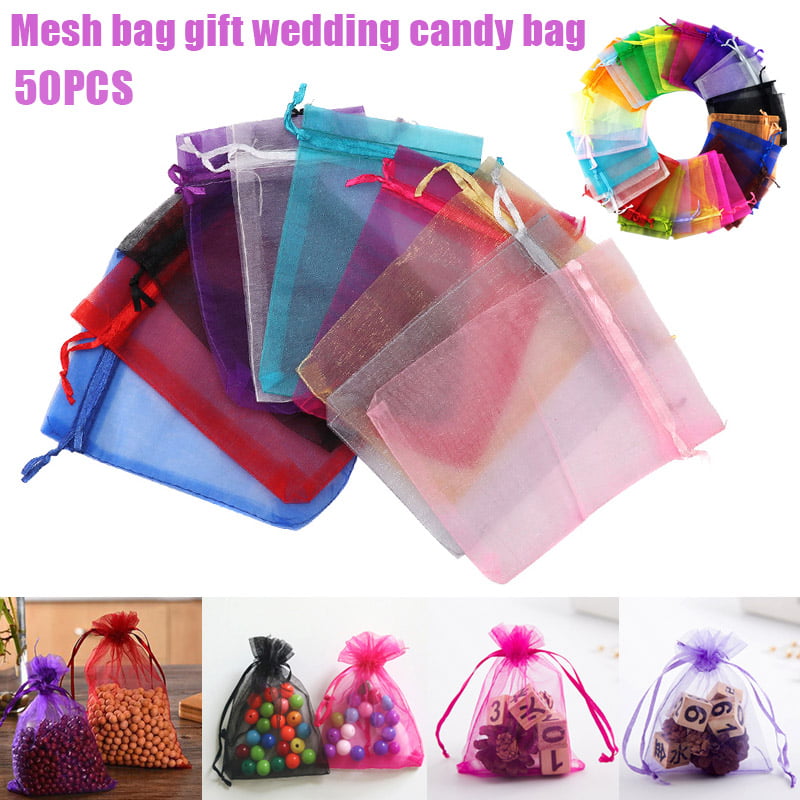 50pcs Candy Pouches Bags Transparent Mesh Organza Gift Drawstring Bags Wedding 
