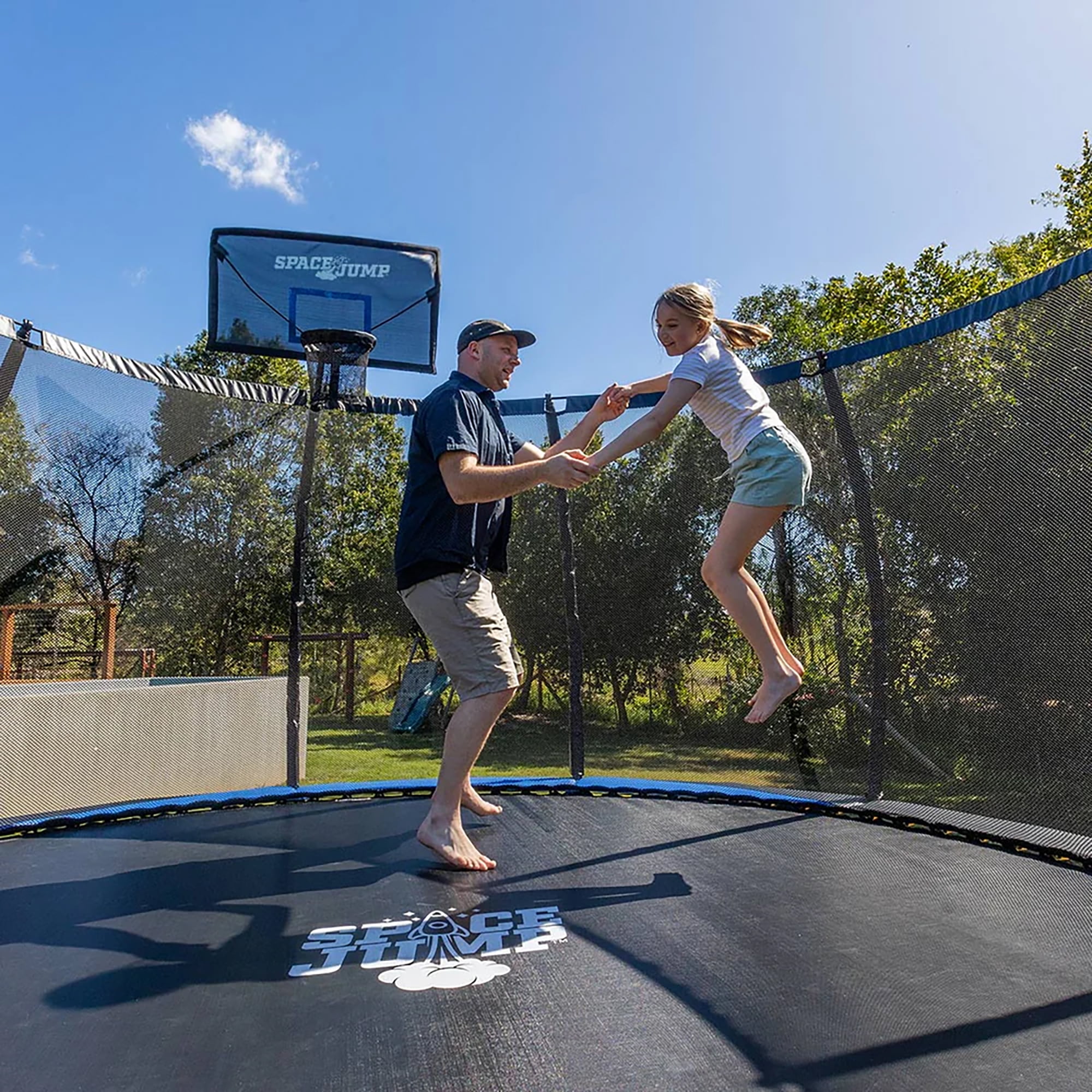 SpaceJump Lunar 8 Foot Trampoline, Outdoor Round Bouncer with Safety Net, Black