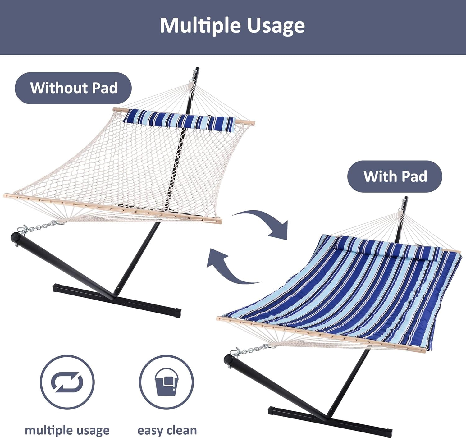 SUNCREAT Outdoor Two Person Hammock with Steel Stand Heavy Duty for Camping, Max 475lbs Capacity, 76"L x 52"W, Blue Stripe