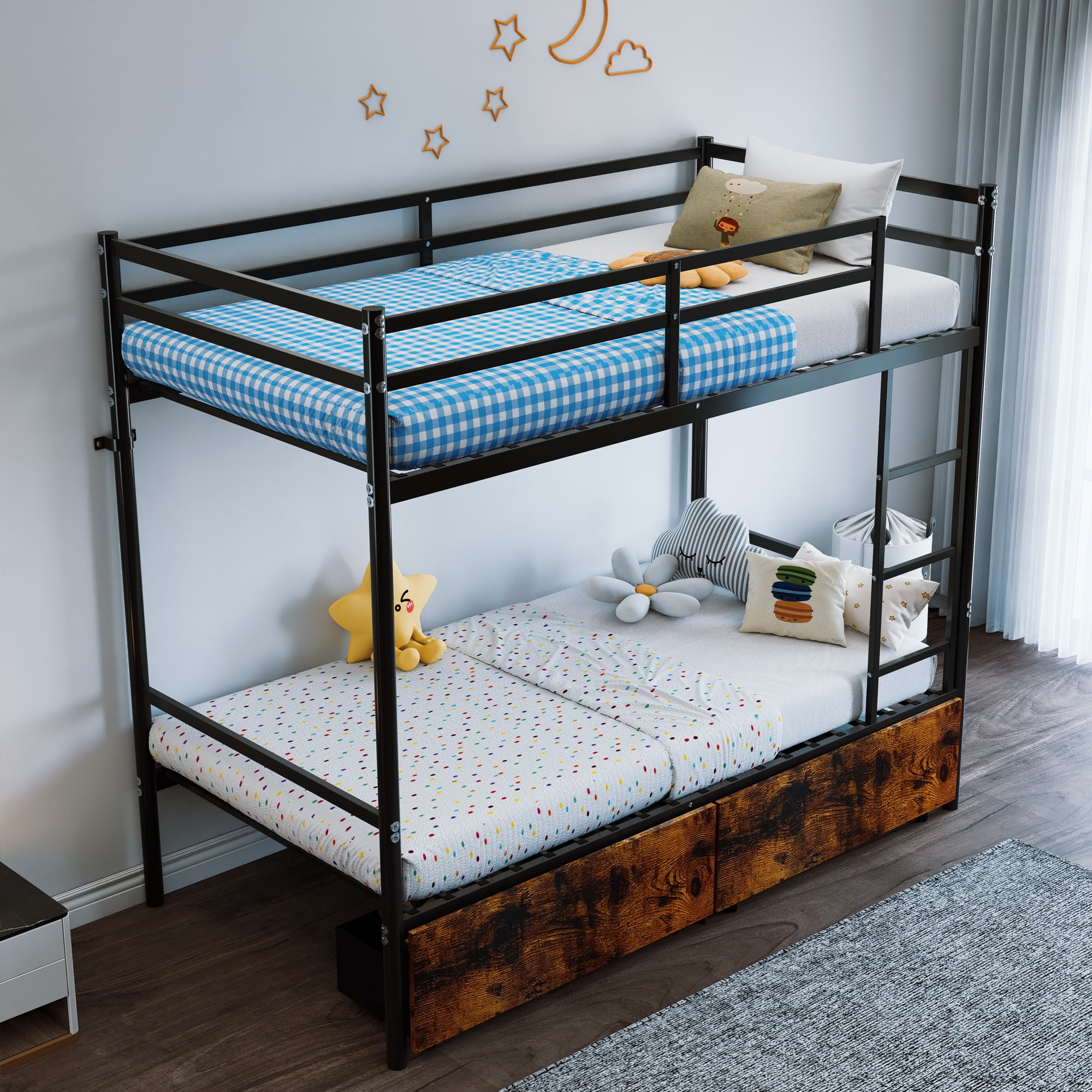 avobird Twin Over Twin Metal Bunk Bed with Ladder High Guardrails, Heavy Duty Iron Frame Noise-Free Design, Under Bed Storage, No Box Spring Needed, Black