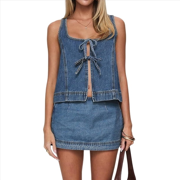 Conjunto de Dos Piezas de Mezclilla para Mujer: Top Sin Mangas con Lazo y Pantalones Cortos, Chándal Y2K, Conjunto de Dos Piezas de Jeans, Conjuntos de Vacaciones Azul M