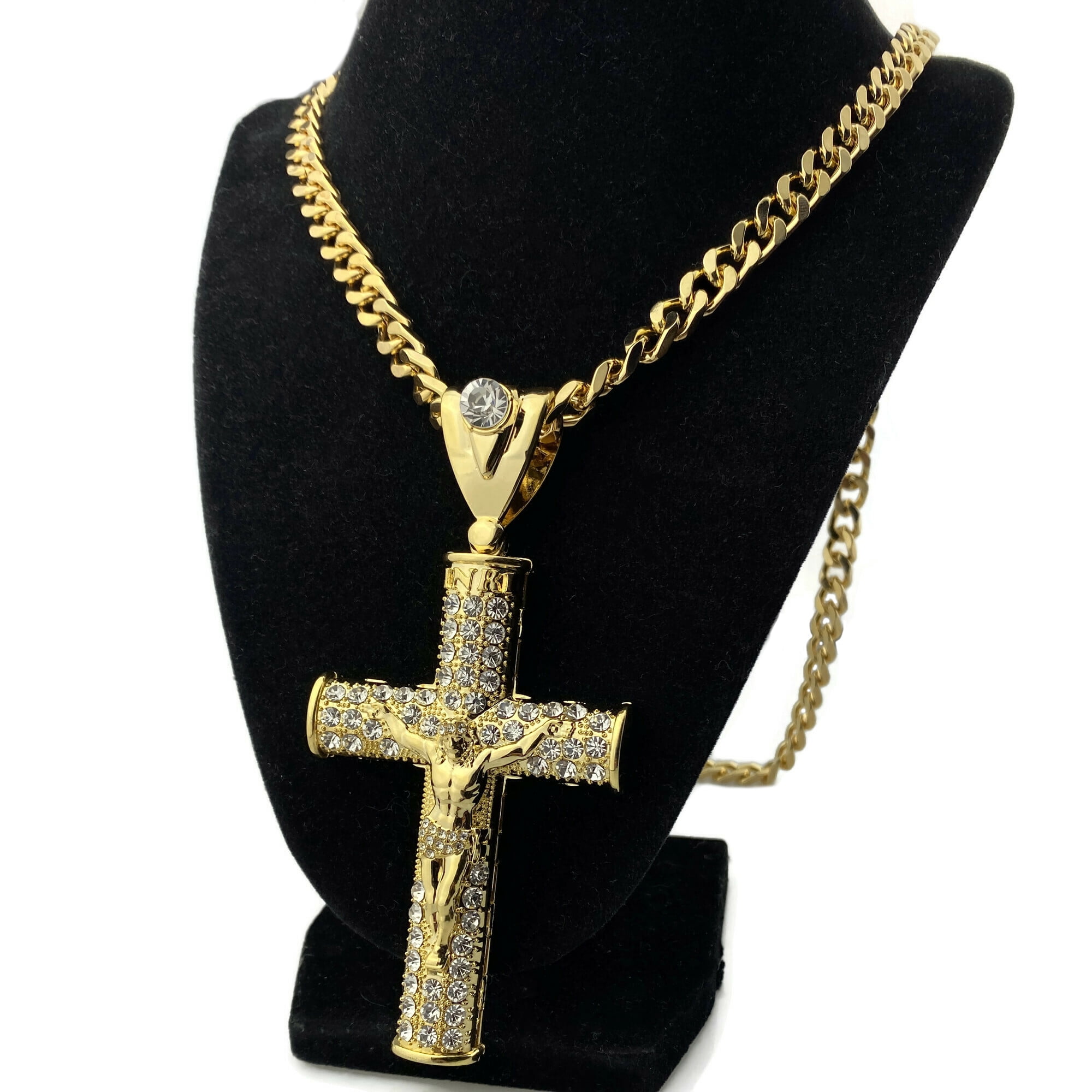 Mens 18K Gold Plated Huge Crucifix Cross Pendant Cuban Necklace Jesus