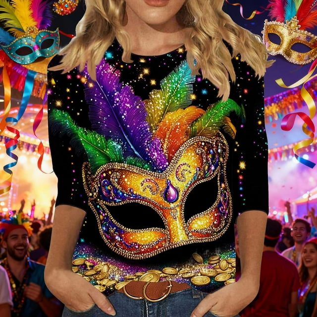 RKSTN Mardi Gras 3/4 Length Sleeve Womens Tops Oversized Crewneck Carnival Graphic Printed Three Quarter Sleeve T Shirt Women Casual Round Neck Funny Tuesday Carnival Party Loose Short Sleeve Shirt