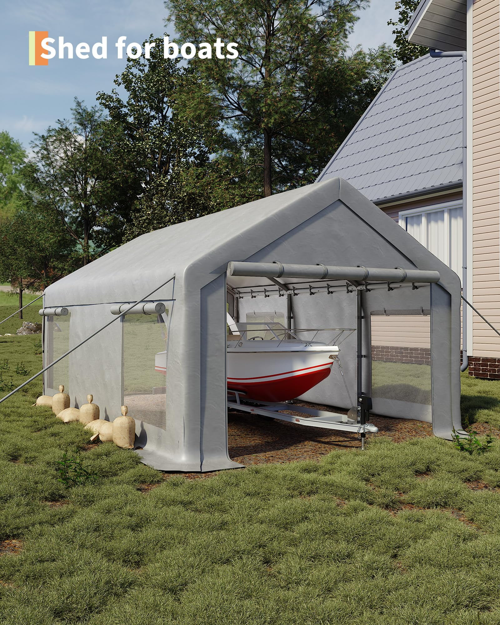 PYY Heavy Duty 10x20 ft Portable Carport Garage – 200g PE Canopy, Dual Roll-Up Doors, 4 Windows, Weather-Resistant, Ideal for Paint Booth, Boat, Pickup, Outdoor Storage – White