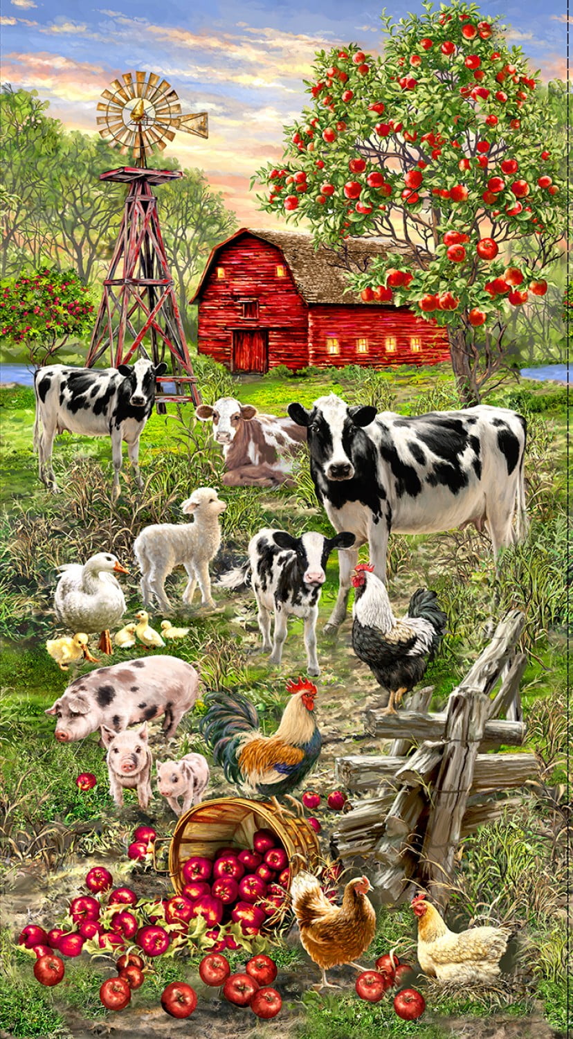 245159 Farm animals and babies fabric piglet lamb chicken Timeless Treasures