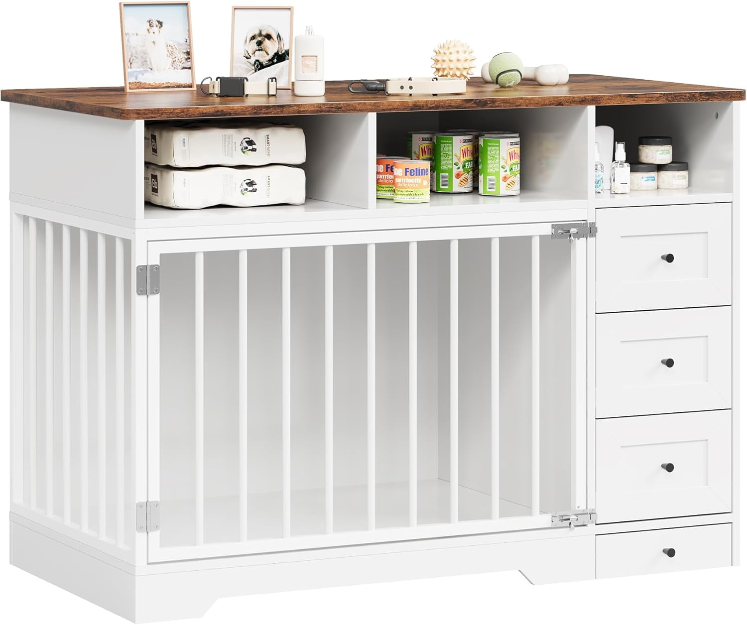 Homhougo 48 Inch Dog Crate Furniture, Farmhouse Dog Kennel with Bowl & Drawers, Heavy Duty Pet Crate Table for Medium Small Dogs for Living Room, Entryway Storage, White
