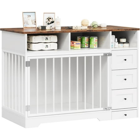 EastVita 48 Indoor Dog Crate Furniture with Dog Bowl & Storage Drawers White Dog Kennel for Living Room Entryway