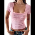 thumbnail image 1 of Camisetas de Corta de Verano para Mujer, Blusas Fruncidas con Cuello Cuadrado, Camisetas de Punto para Salir, Camisetas Básicas. Rosa L, 1 of 10