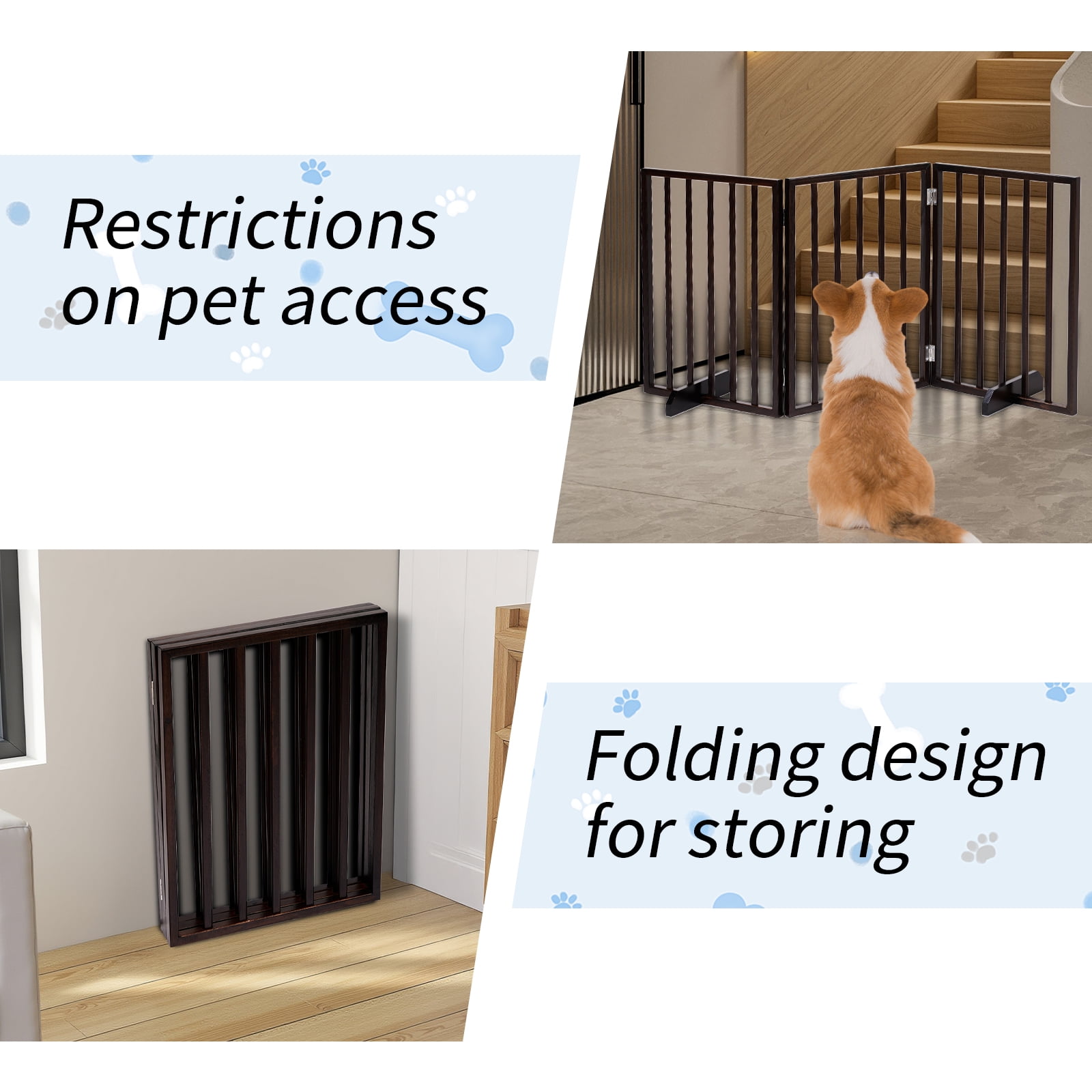 HiiKaa Wooden Freestanding Foldable Pet Gate for Dogs,24 inch 3 Panels Step Over Fence,Dog Gate for The House,Doorway, Stairs,Extra Wide (Walnut, 24" Height)