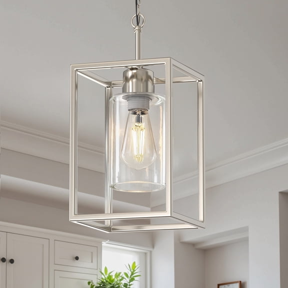 YANSUN 6.7in 1-Light Brushed Nickel Kitchen Island Pendant Lighting with Glass Shade, Hanging Lighting for Living Room, Dining Room, Kitchen Island