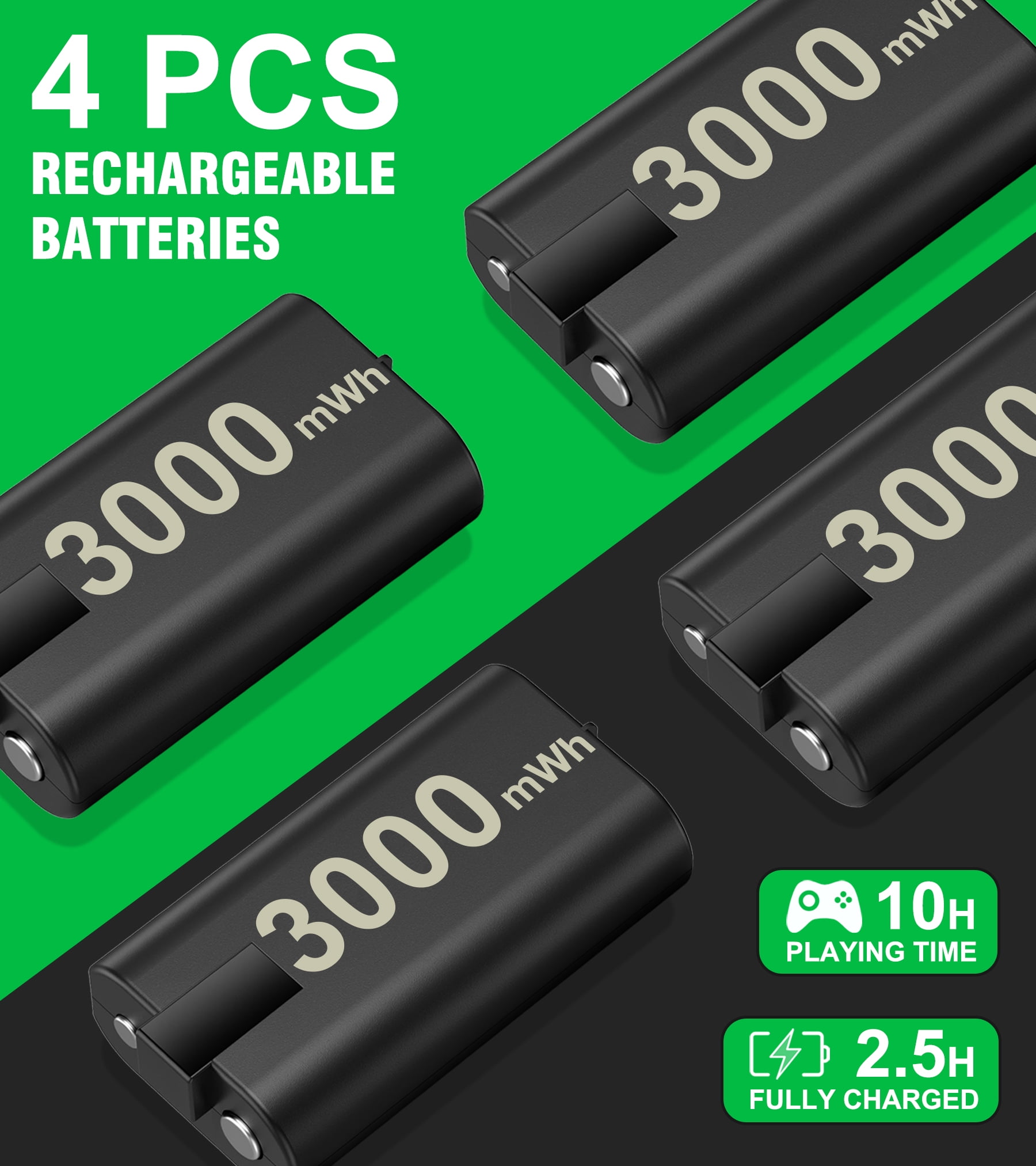 Beboncool Xbox Rechargeable Battery Pack & Charging Station - 4x 1200mAh (3000mWh) Long-Lasting Batteries for Xbox Series X|S & One Controllers