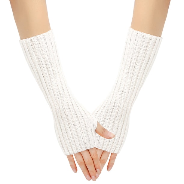 Nvzi Calentadores de brazos - Guantes largos sin dedos de moda de punto elástico con mangas para los brazos y orificios para los pulgares - Blanco