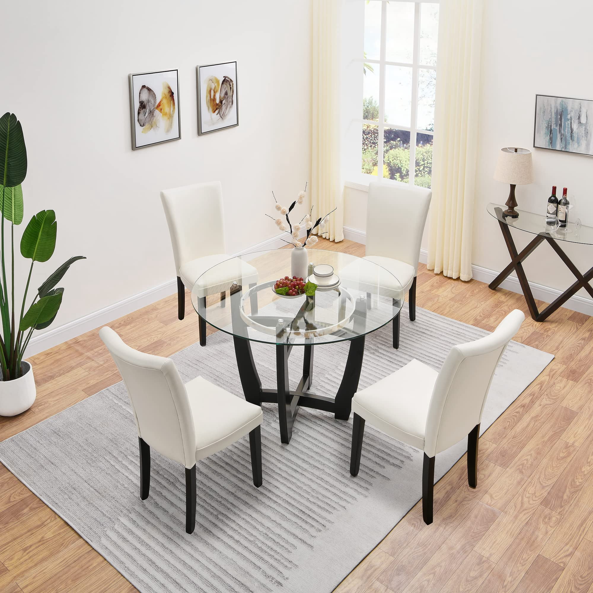 JESONVID Set of 6 Faux Leather Upholstered Parsons Dining Chair with High Backrest, Kitchen Accent Side Chairs with Solid Wood Legs Armless Dining Room Chair, Ivory White 1331WT