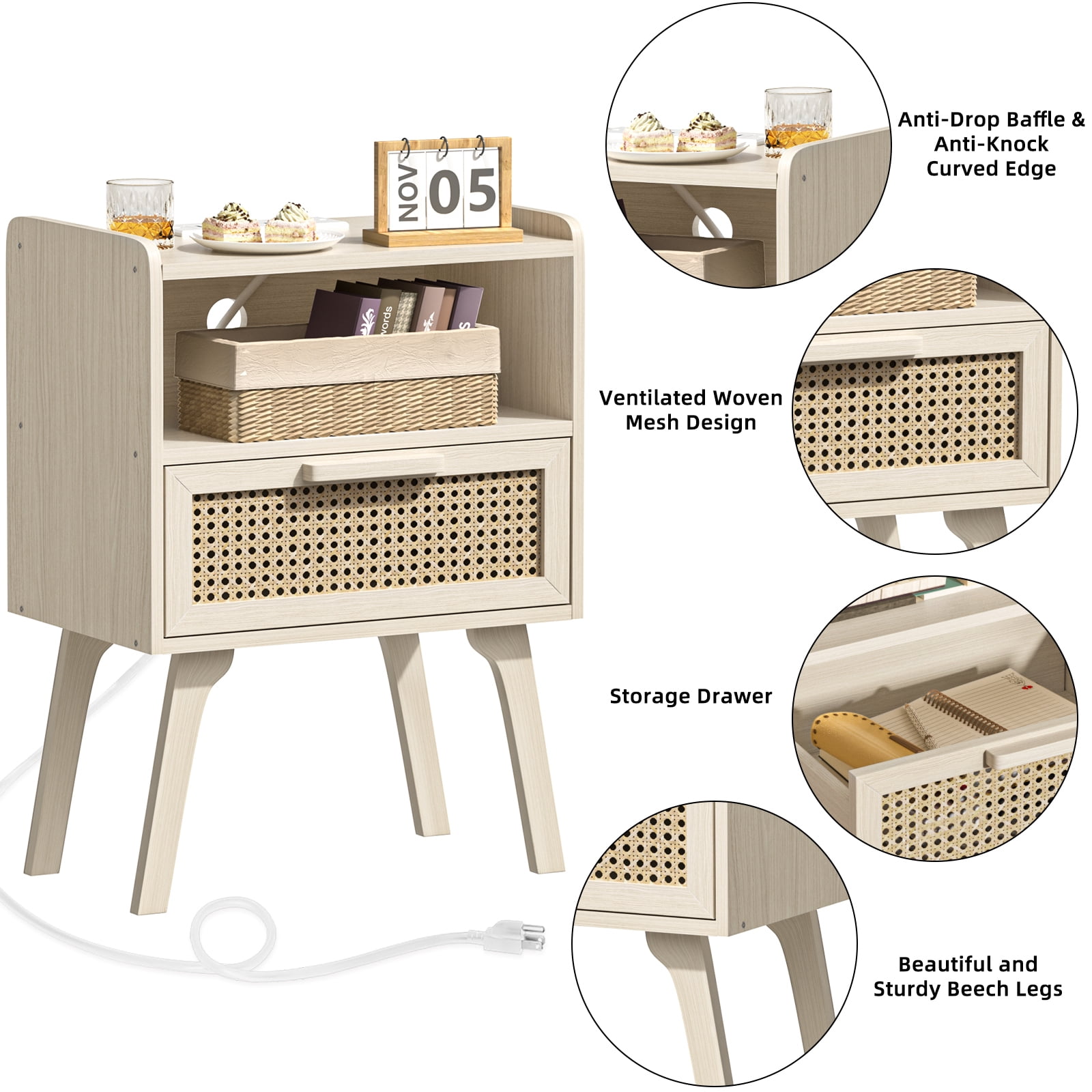 LEYAOYAO 2pc Nightstand with USB Ports, Woven Rattan Bedside Table with 1 Drawer and Lift-Up Legs, for Boho Bedroom, Grey