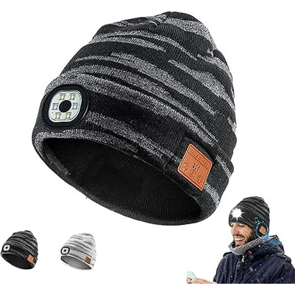 Bluetooth Beanie with a Light, Unisex USB Rechargeable 4 LED Fashlight Hat with Cordless Headphones, Unique Christmas Birthday Gifts for Men Him Husband Teen Camouflage Grey - Black