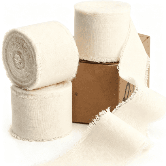 XIBUFE 3 Rolls Ivory Ribbon 1.5 Inchx18Yards Cream White Handmade Cotton Frayed Fringe Ribbons for Gift Wrapping Wedding Invites Bridal Bouquets Baby Shower DIY Crafts Home Decor
