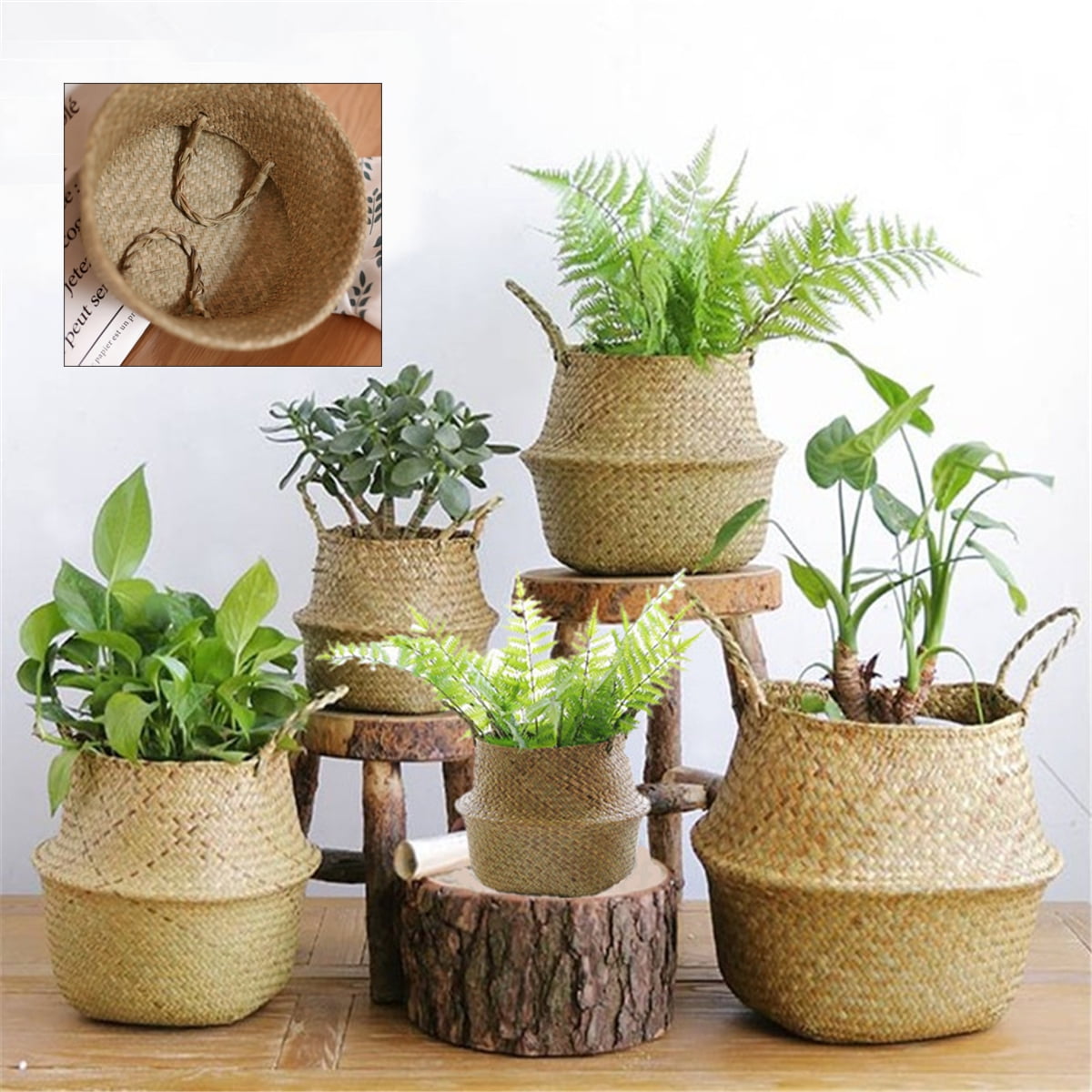 WIVAYE Seagrass Basket Planters,15 x 11cm Plant Basket with Liner Decorative Plant Pots Plant Containers Storage Basket for Indoor Outdoor