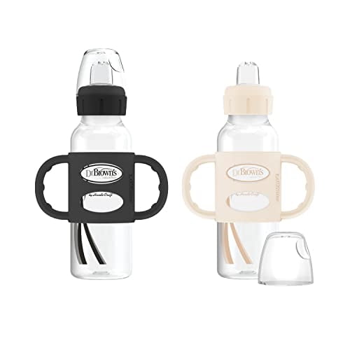 Botella estrecha Dr. Brown's® Milestones para sorber con mangos™ 8oz 250mL libre de BPA negro y crudo paquete de 2 6m+