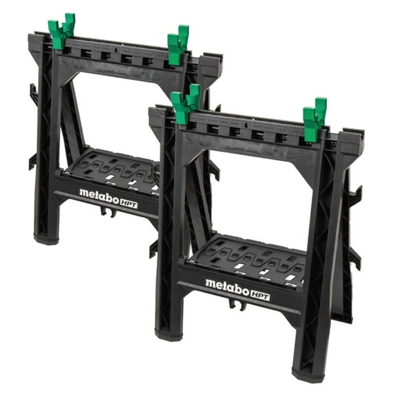 Metabo HPT Folding Sawhorses, 2-Pack, Lightweight Design, 1,200 lbs Capacity, Includes 4 Sawbucks, Ideal for Extra Workstations, Non-Skid Feet for Stability, Built-In Shelf and Cord Hooks, 115772M