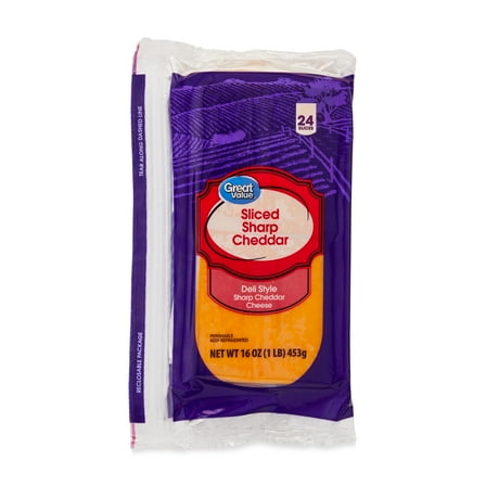 Great Value Sharp Cheddar Deli Style Sliced Cheese, 16 oz, 24 Slices