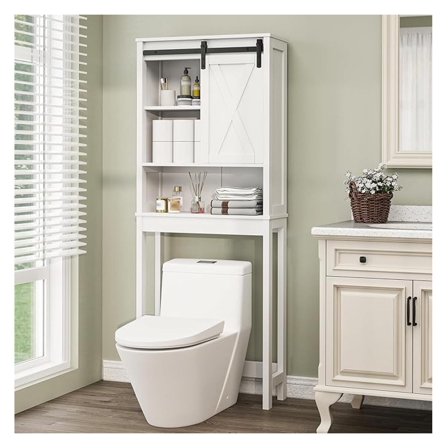 Over Toilet Storage Cabinet, Farmhouse Bathroom Organizer with Sliding Doors & Adjustable Shelf, Space Saving White Toilet Rack