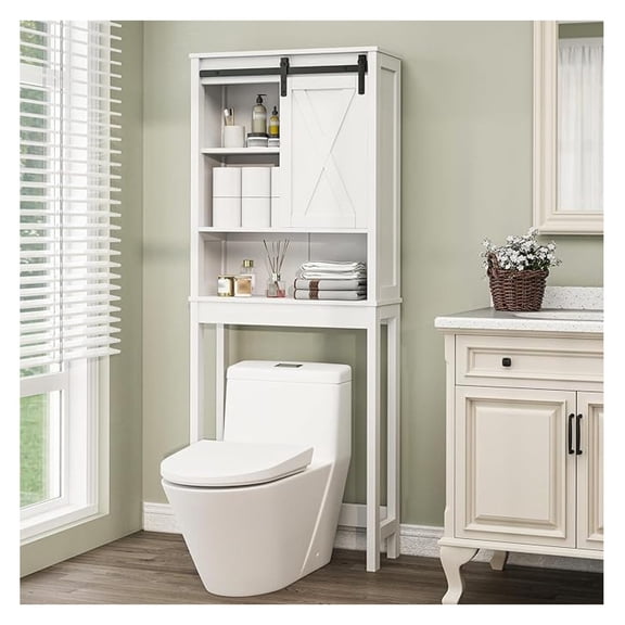 Over Toilet Storage Cabinet, Farmhouse Bathroom Organizer with Sliding Doors & Adjustable Shelf, Space Saving White Toilet Rack
