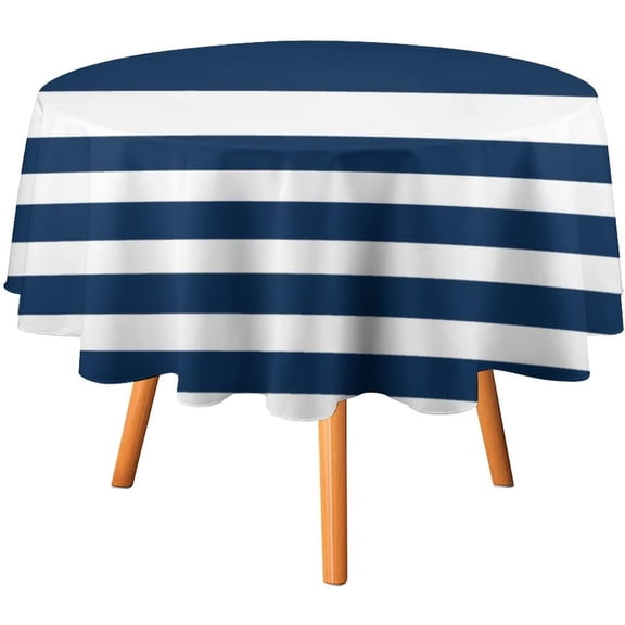 Nautical Stripe Navy White Tablecloth 60inch Round Table Cover Washable Table Cloth for Kitchen Dinning Party Tabletop Modern Decoration