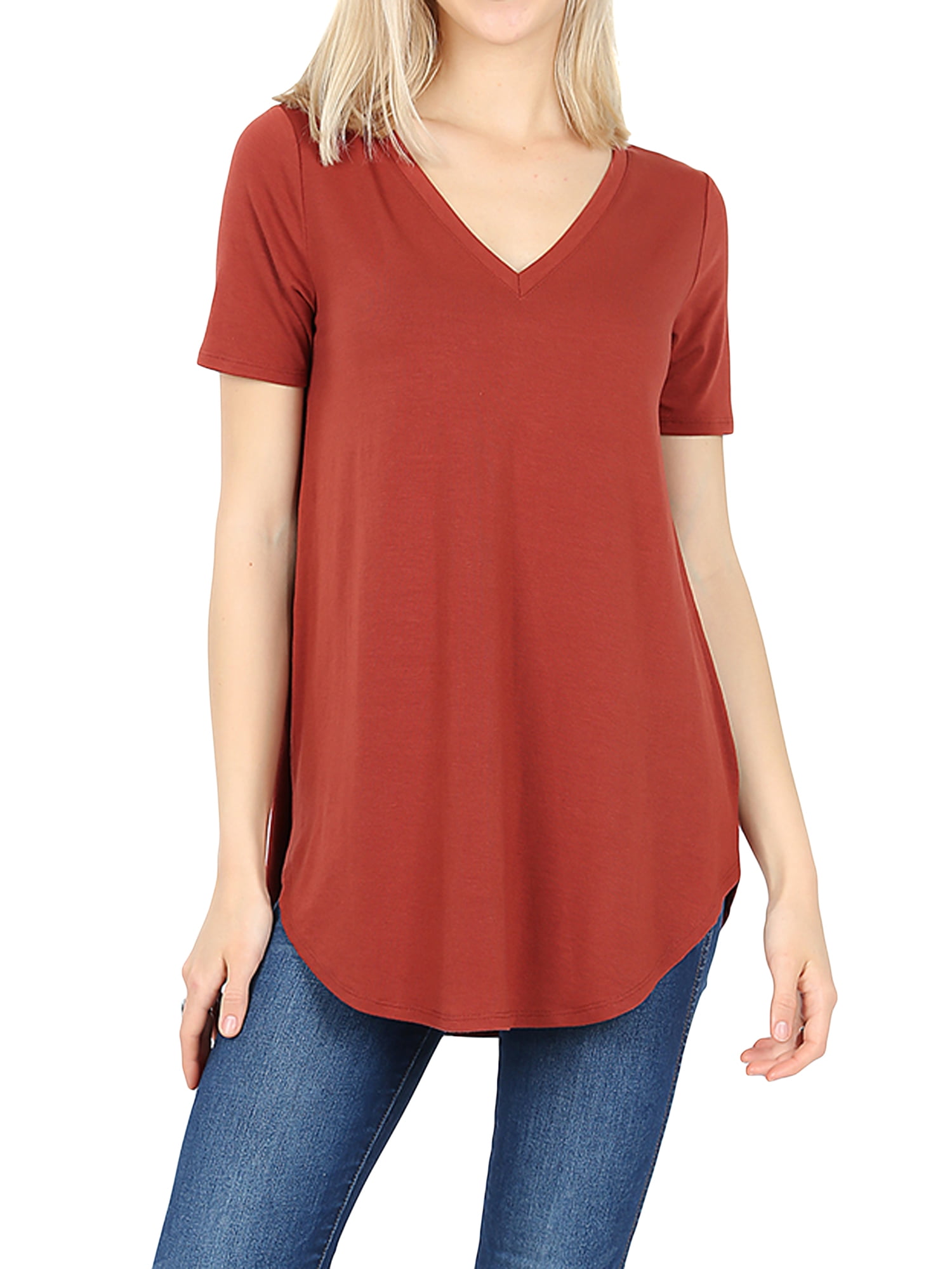 Zenana Women And Plus Short Sleeve V Neck Relaxed Fit Casual Round Hem Tee Shirt Top 