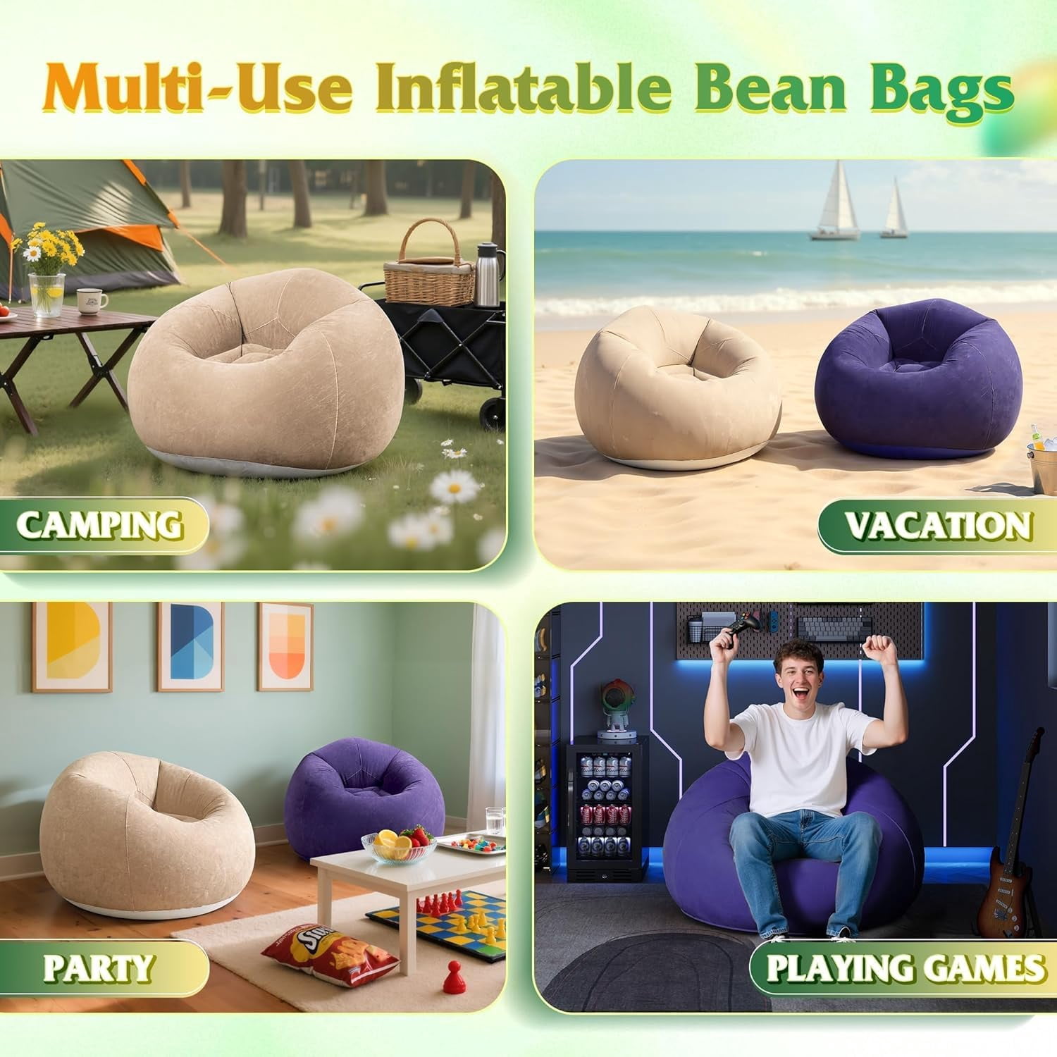 2 Pcs Bean Bag Chair for Kids Adults, Inflatable Chair, No Filler, Comfy, Suit for Dorm Gaming Room Indoor Outdoor, Beige and Purple