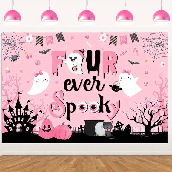 5*3ft Halloween Pink Black 4th Birthday Background Cloth Vinyl Party Backdrop for Kids Spooky Ghost Pumpkin Haunted House Wall Decoration Indoor Outdoor Celebration Setup