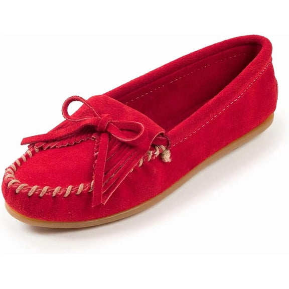 Minnetonka Women's Kilty Suede Hardsole Moccasin, Red, 8.5 M US
