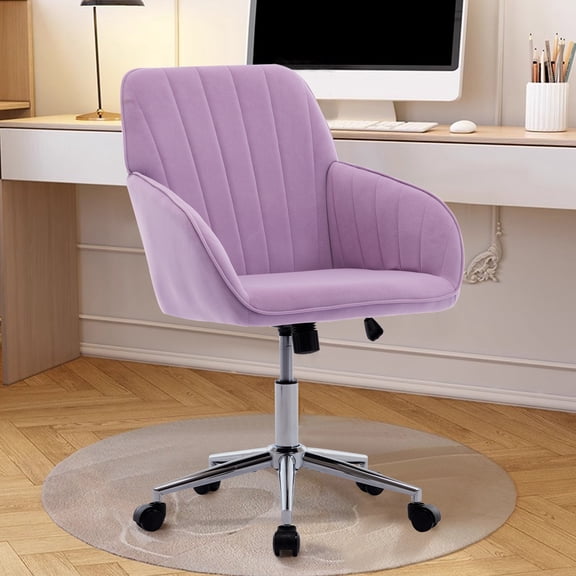 PORKISS Upholstered Desk Chair with Wheels, Ergonomic Adjustable Office Chair, Swivel Computer Task Chair with Velvet for Home Living Room Bedroom Workspace, Lilac