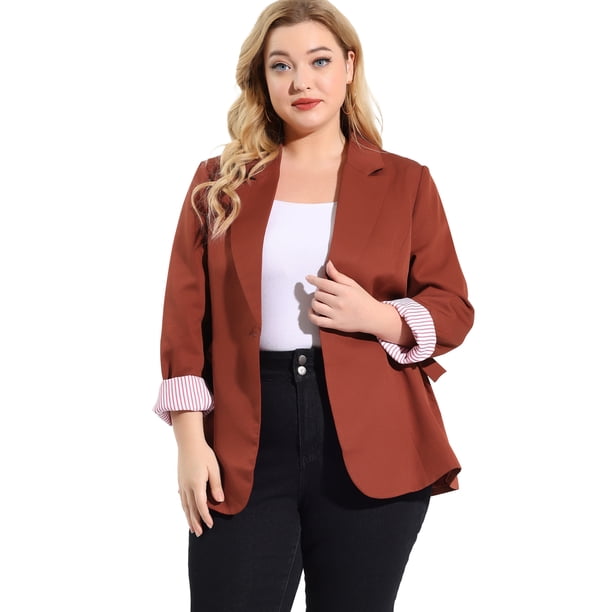 Women's Plus Size Contrast Stripe Cuff Notched Lapel Blazer Red 2X